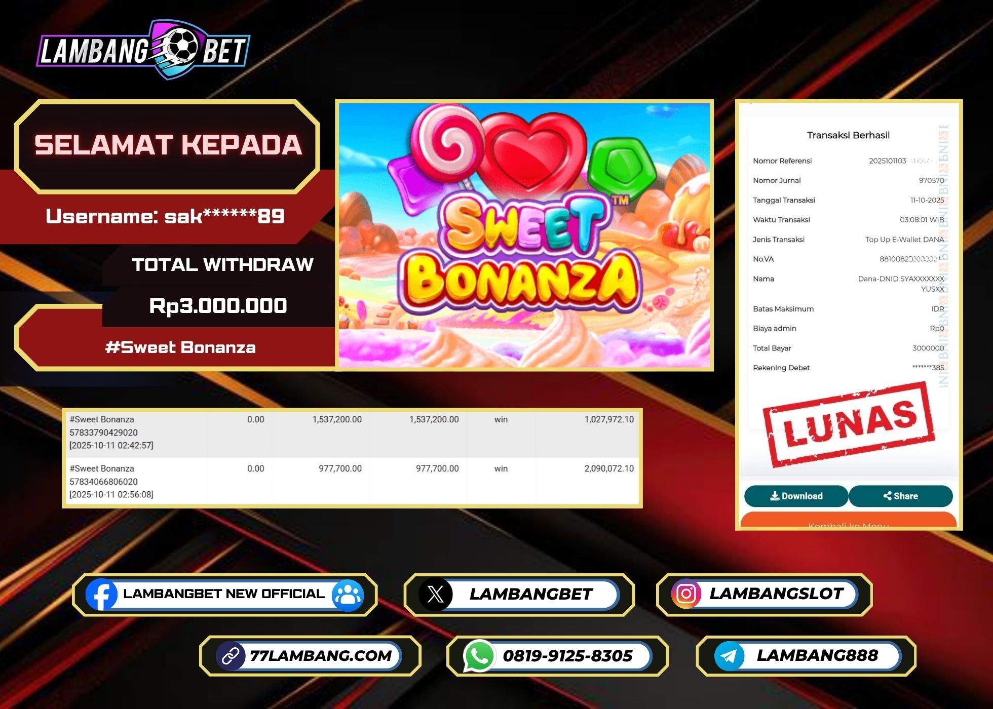 LAMBANGBET [11 OKTOBER 2025] JACKPOT SLOT Sweet Bonanza "Rp3.000.000" LUNAS